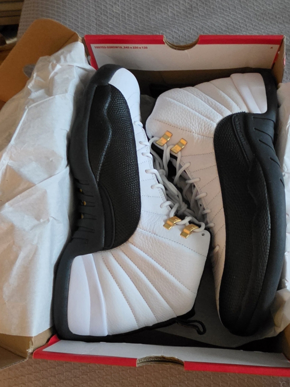 Jordan Men's 12 XII Taxi White and Black High-Top Sneakers with Gold Eyelets